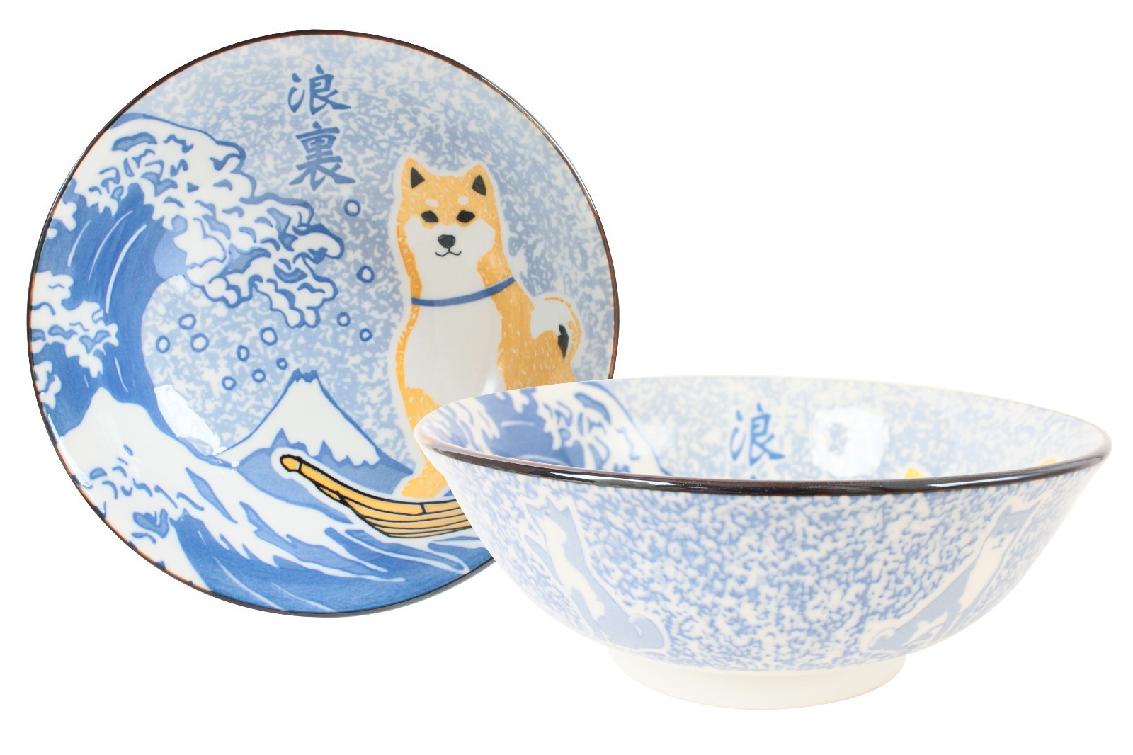 Mino Ware Japanese Pair Ramen Noodle Donburi Bowl Shibaken w/Namiura