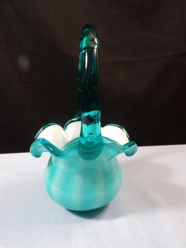 Fenton Turquoise Overlay Cased Glass Rib Optic Basket