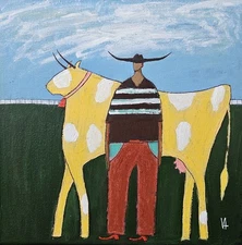Painting Original Cowboy Cow Portrait Canvas Outsider Whimsical 10x10 Art 