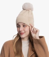 LADIES CABLE KNIT WARM FAUX FUR LINED THICK CHUNKY BEANIE POM POM HAT