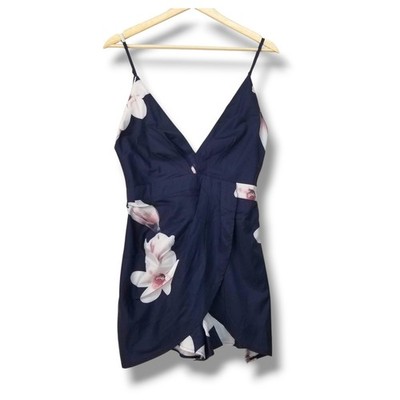 Yoins Navy Blue Floral V-Neck Wrap Front Romper Size Medium NWT