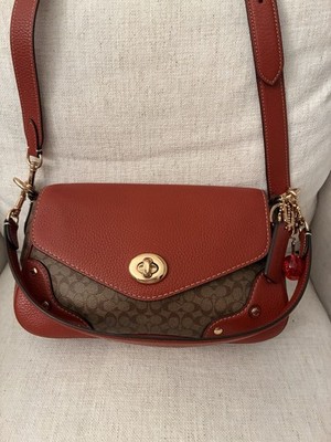 Coach Brown Red Pebbled Shoulder Bag with Logo, Charm, Gold Hardware