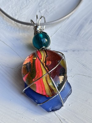 OOAK Artisan Glass Necklace, Pendant, Hand Painted Wire Wrapped Handmade 4250 W