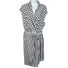 Eliza J Black White Grid Wrap Dress Women's Size 16W Sleeveless Tie Waist