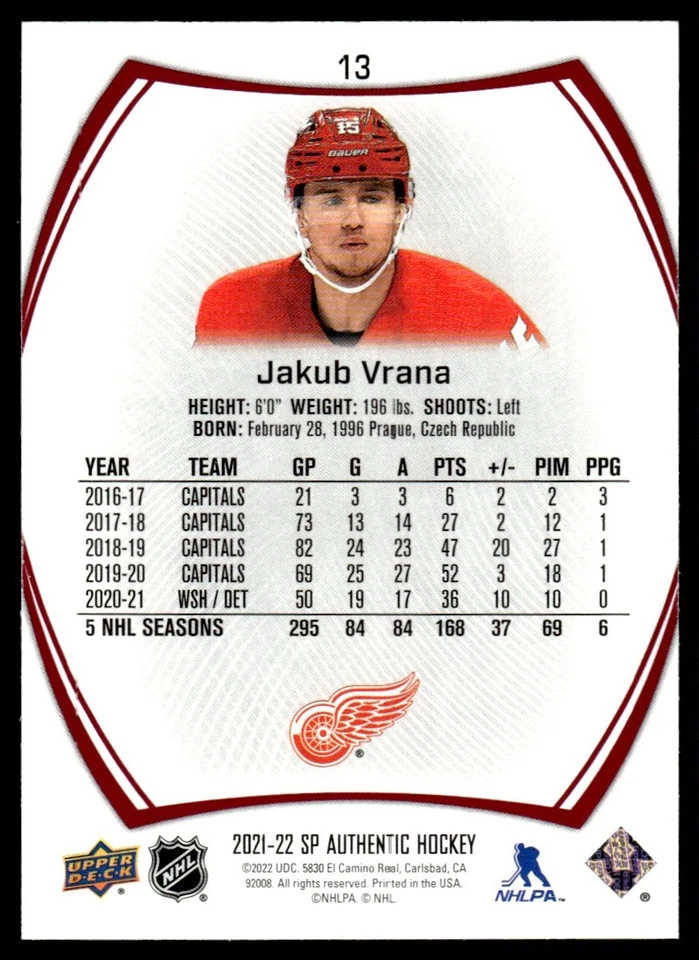 2021-22 SP AUTHENTIC LIMITED RED Jakub Vrana Detroit Red Wings #13 - Image 2 of 2