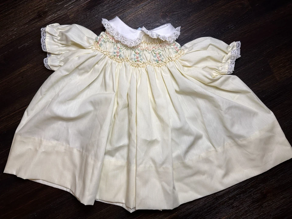 Vintage Polly Flinders Hand Smocked Dress Lot Of 2- Baby Girl 6 & 6-9 Mo (Flaws) - Image 2 of 4