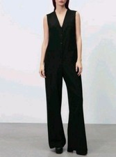 Zara Sleeveless Tailored Wide Leg Jumpsuit M Black V-Neck Button Front