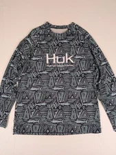 Huk Performance Fishing Shirt Long Sleeve Men's L Gray Blue Fish Pattern