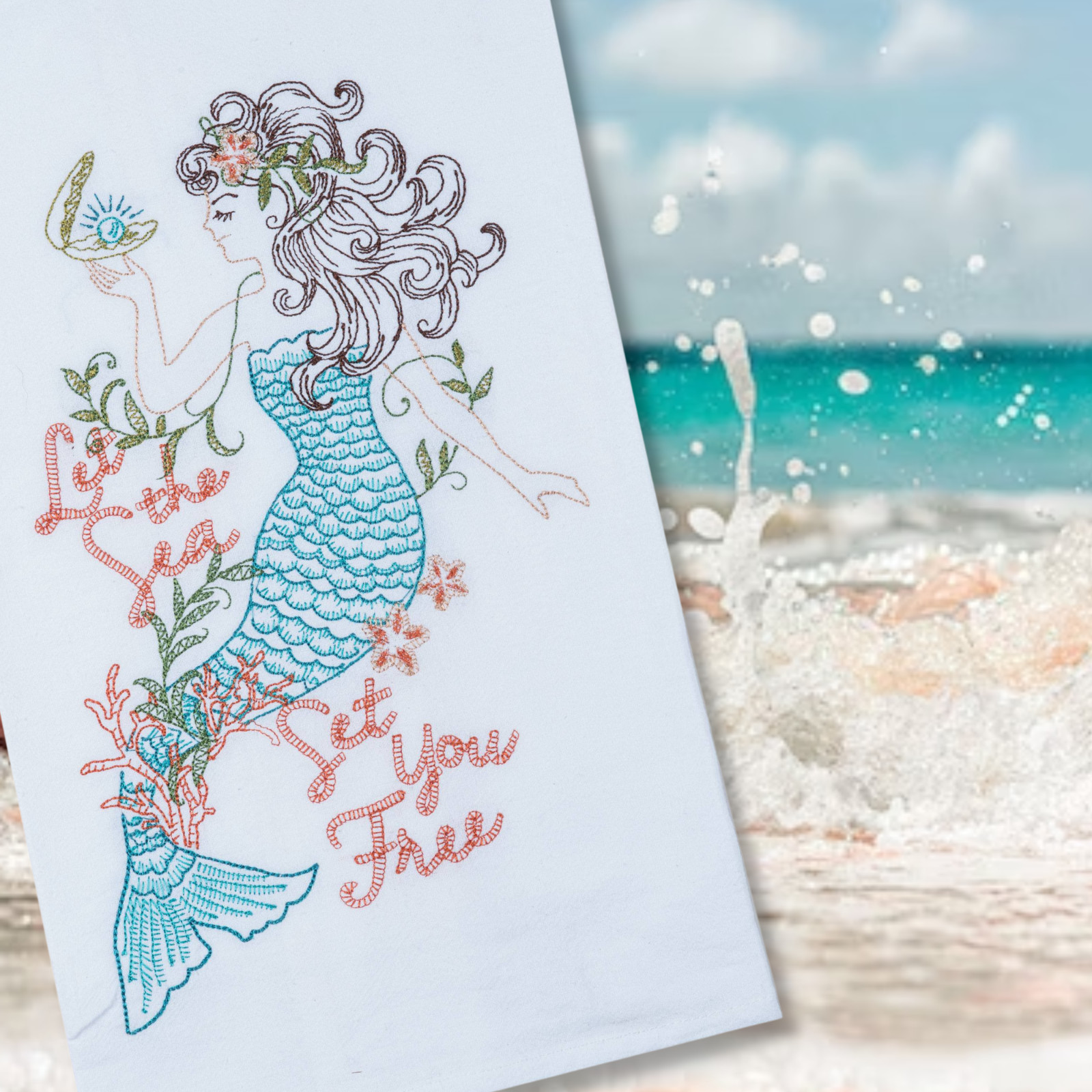 2 Mermaid Towel Beach Themed Kitchen Towels Flour Sack Embroidered Dishtowel Set