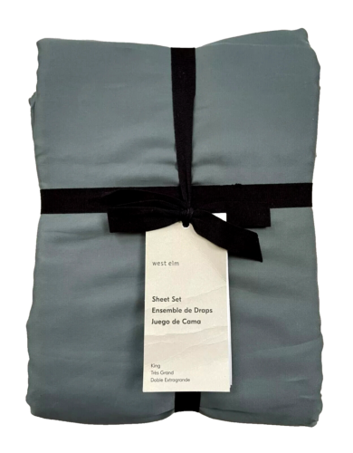 West Elm SILKY TENCEL Sheet Set King STORMY BLUE Color NWT