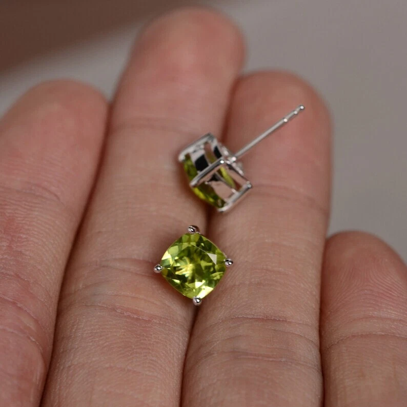 Natural Peridot Cushion Stone 925 Sterling Silver Women Designer Stud Earrings - Image 2 of 4