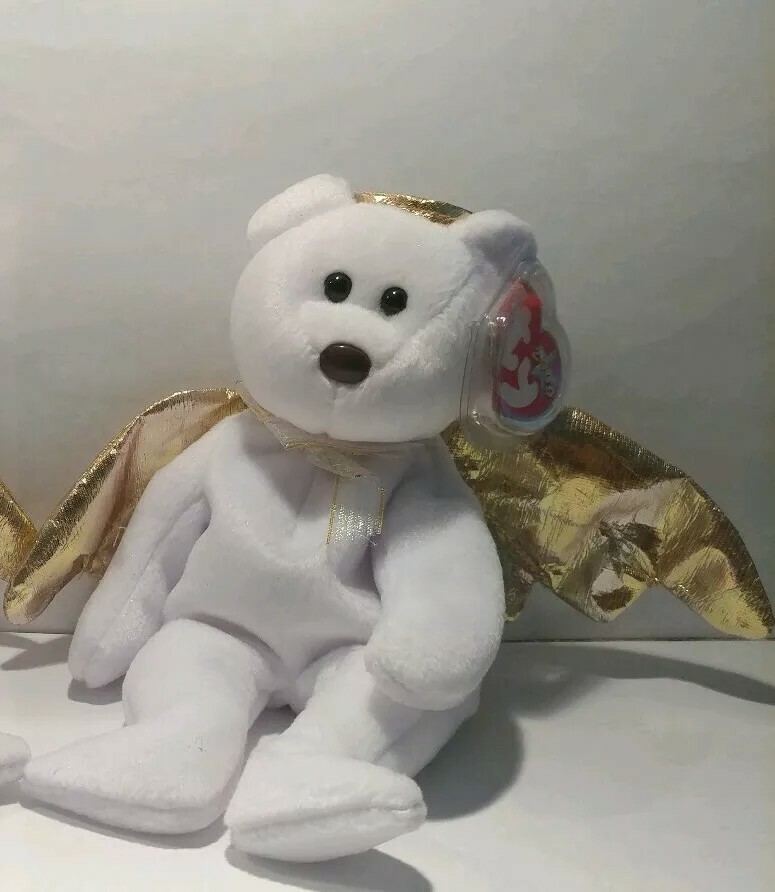 Beanie Baby Halo II 2000 gold wings Angel Bear, brown nose DOB 1/14/00-image