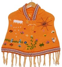 Kinder Poncho orange Gr.68*74, bestickt: Tiere Blumen Sonne, Inka Indianer Peru