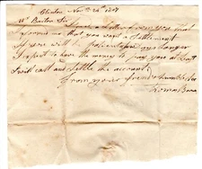 T20-79973 Nov 24 1807 Letter Settlement to Amos Barton of Clinton Mass (Maine)
