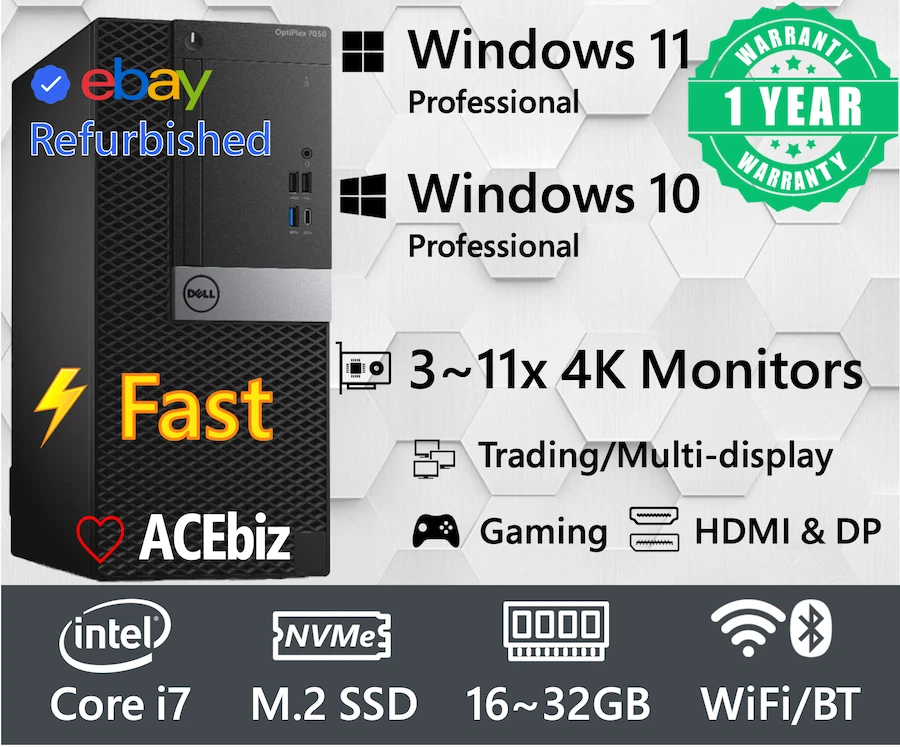 Dell i7-7700 16~32GB Desktop Computer PC Windows 10 11 pro/SSD