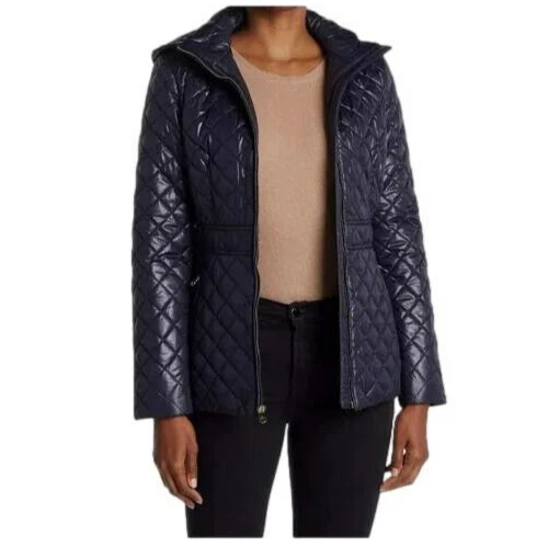 Kate Spade New York cappotto trapuntato con cappuccio blu navy peluche taglia media donna NUOVO