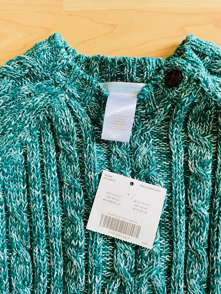 NEW JANIE AND JACK green White Cable Knit Sweater Size 4 Boys Side Buttons C21 - Image 2 of 3