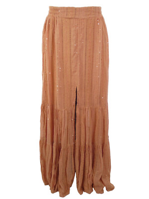 Sommerkleid Maxirock JADE hellbraun glänzend Pailletten vorne geschlitzt abgestuft böhmisch Zigeuner M L