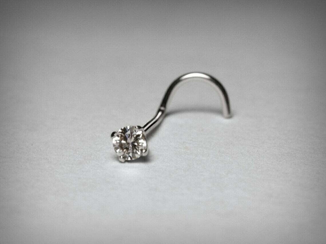 14k White Gold Plated Round Solitaire Simulated Diamond Nose Ring Piercing Pin