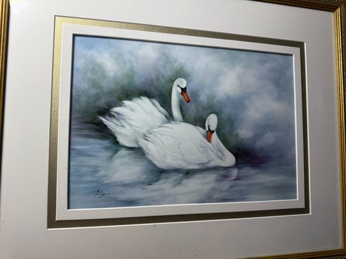 Superb K Logue "Two Swans" Mixed Media Painting - Signed And Framed - Picture 14 of 15