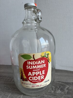 Vtg Gallon Glass Bottle INDIAN SUMMER SWEET APPLE CIDER paper label 11.25'' x 6''
