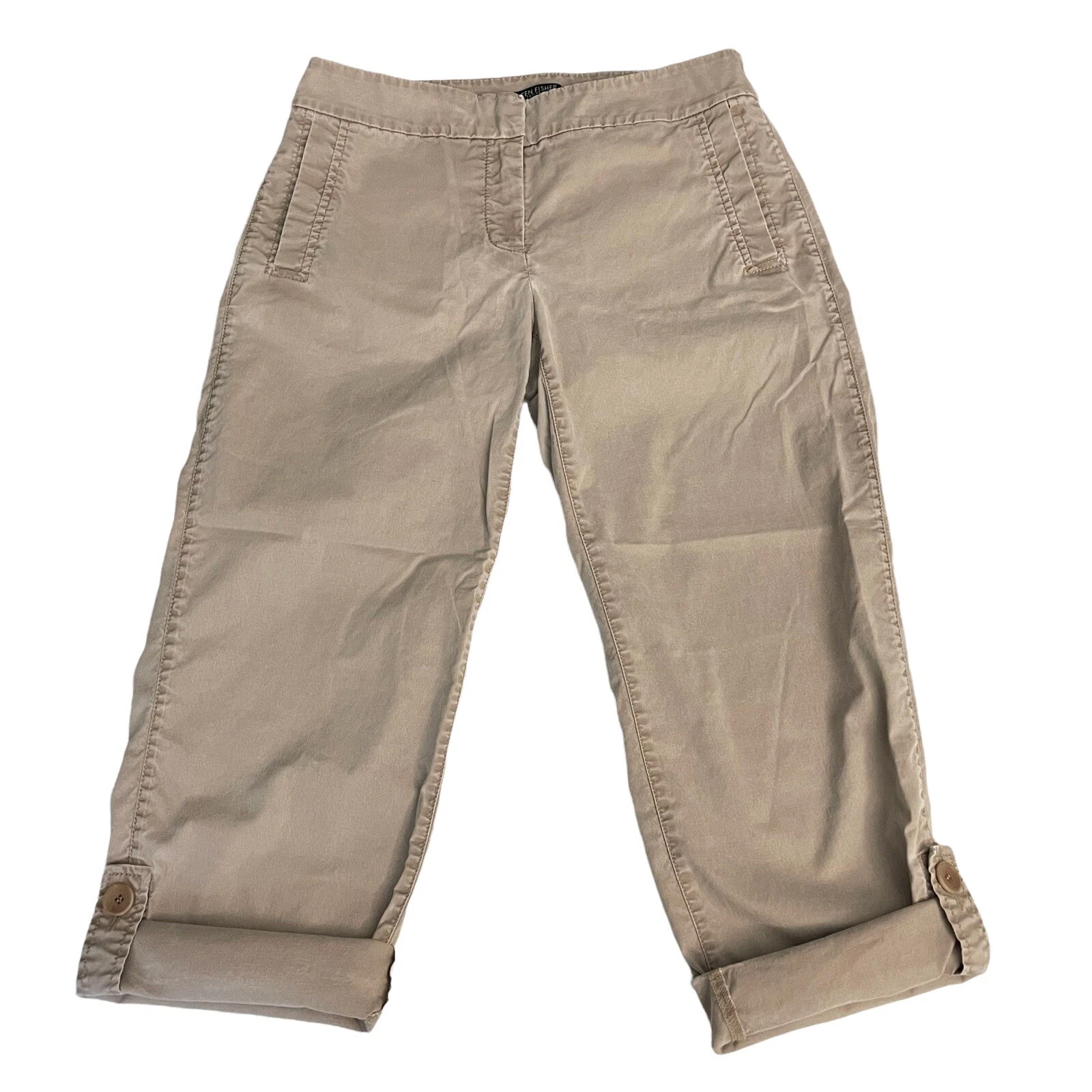 EILEEN FISHER KHAKI lyocell blend capri pants, roll tab hems, pockets size PP
