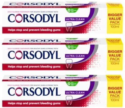 3x 100ml (300ml) Corsodyl Ultra Clean Toothpaste- Stops & Prevents Bleeding Gums