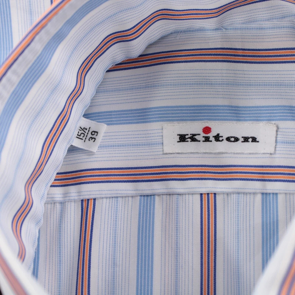 Camisa social Kiton nova com etiquetas tamanho 15.5 39 azul laranja com listra branca 100% algodão - Imagem 2 de 4