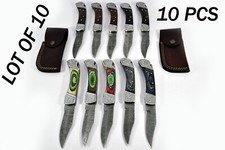 10 pieces Damascus steel blade back lock folding knife with Leather sheath 5085