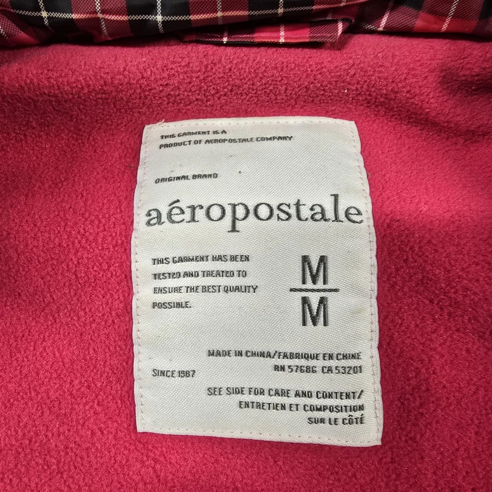 Vintage Aeropostale Vest Womens Medium Pink Plaid Hooded Puffer Faux Fur Lined - Image 4 of 4