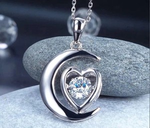 Authentic Moon Heart Beauty Pendant Chain 14K White Gold Plated Simulated Round Diamond