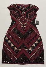NWT EXPRESS Sequin Cap Sleeve Sheath Dress XS Burgundy Black Geometric Aztec