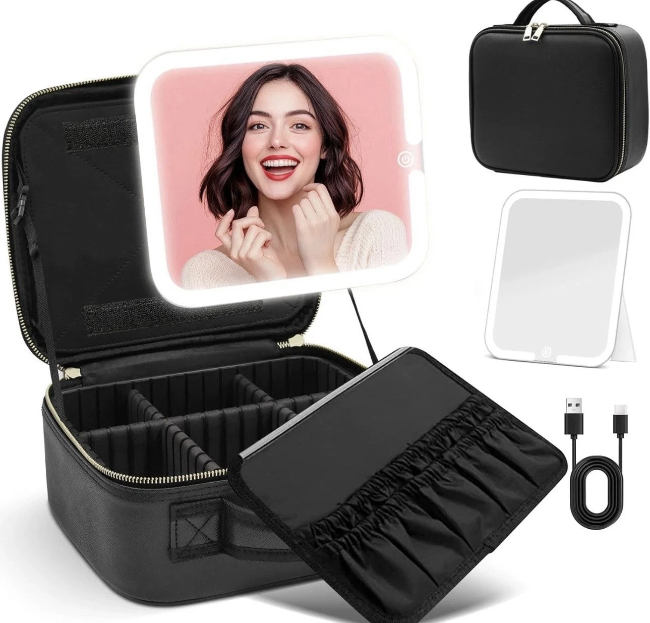 Travel Makeup Bag with LED Lighted Make up Case with Mirror Cosmetic Organizer