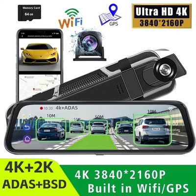 4K Dual Len Car Dash Cam 10Inch Rearview Mirror ADAS BSD WIFI GPS Video Recorder