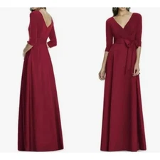 Alfred Sung V Neck Jersey Mikado 3/4 Sleeve Belted Maxi Gown Red Sz 0 D736 NWT