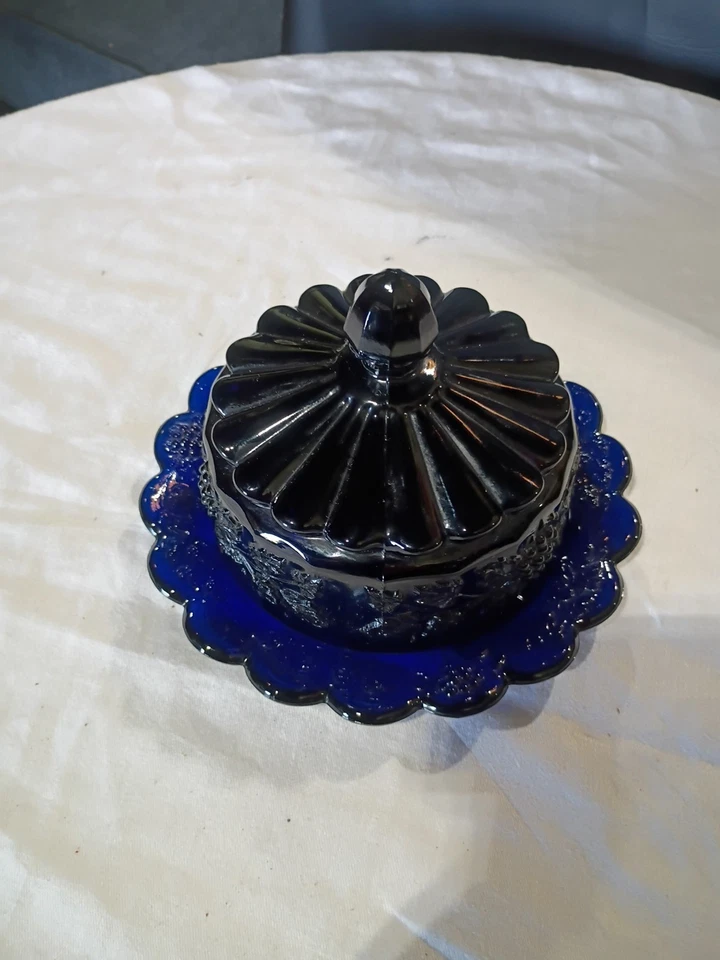 Vintage Cobalt Blue Grape Cable Round Covered Butter Dish Perfect Condition 7" - Image 3 of 4