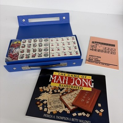 New Mah Jongg Set In Blue Vinyl Case With Book Directions Racks Chips Complete
