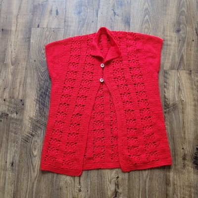Vintage 70er rot Häkel Cardigan Weste Handarbeit Strick Knopfleiste Tank Top 14 