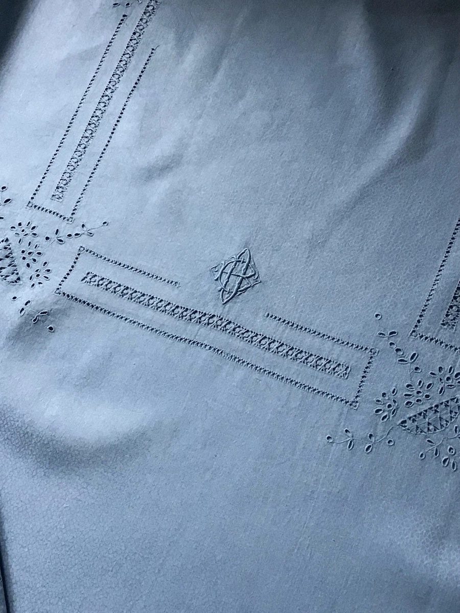 Nappe Ancienne En Coton Blanc - Monogrammes RD Brodés Et Motifs Rayures