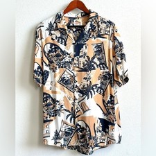 C C CALIFORNIA Hawaiian Short Sleeve Shirt Tan  Black Tropical Men's Large
