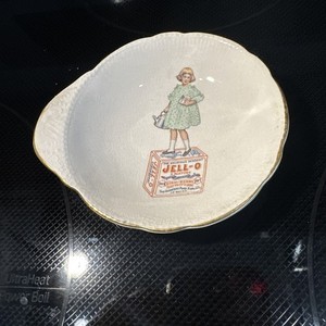 Antique (c. 1910) Jell-O Dish (Girl On Box, Green Dress, Teapot) Bone China Gold