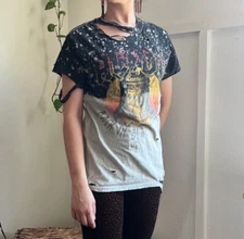 ACDC Womens Hand Distressed Bleach Stained Logo Tshirt Sz S Grunge 80s Rock 