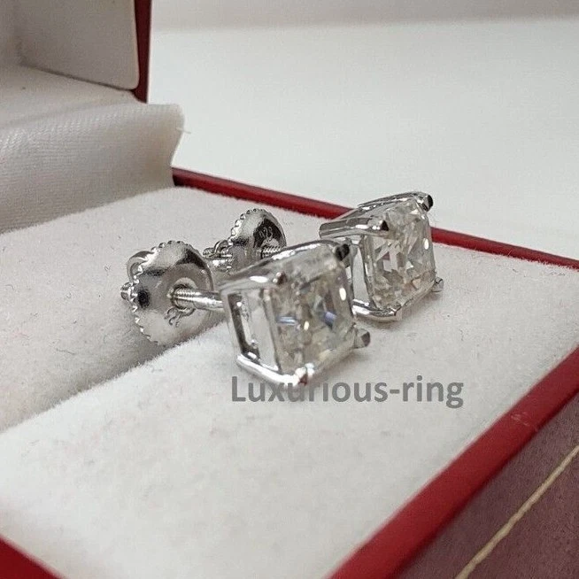 925 Silver Screw Back Earring 2Ct Asscher Cut White Moissanite Solitaire Earring - Image 2 of 4