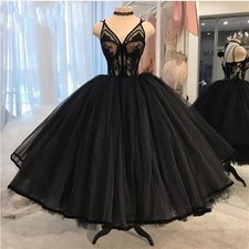 Black Gothic Wedding Dress Lace Applique Tulle Straps Tea Length Bridal Gown