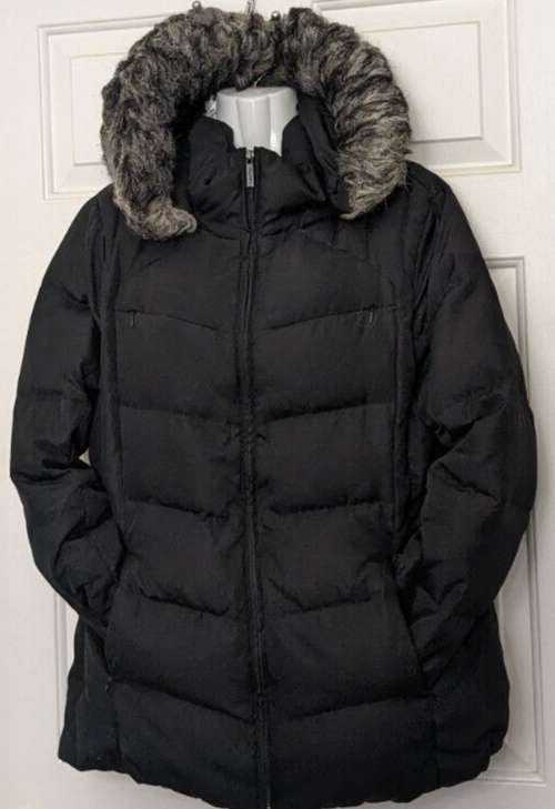 CALVIN KLEIN Black Hooded Down Puffer Coat Jacket Faux Fur Trimmed Size L Read