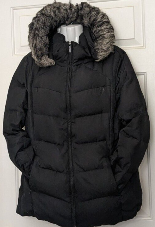 CALVIN KLEIN Black Hooded Down Puffer Coat Jacket Faux Fur Trimmed Size L Read