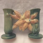 Roseville Clematis Double Bud Vase Pottery 194-5 Teal Blue Vintage 40's