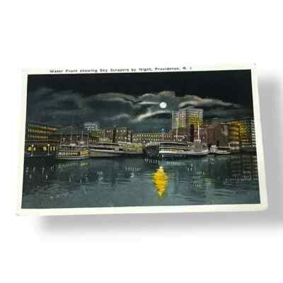 #ad Postcard Water Front Skyscrapers by Night Providence Rhode Island Boats C490 $3.99