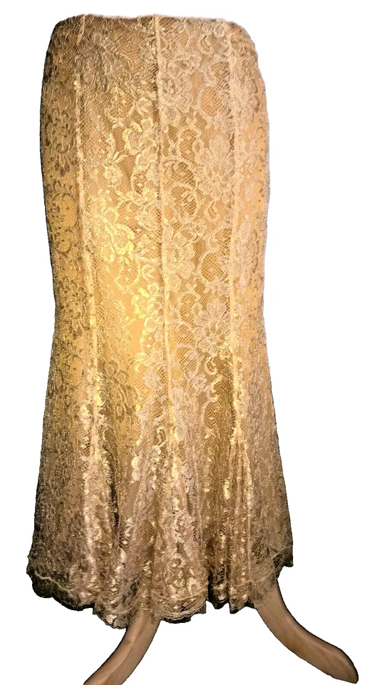 $1500 НОВЫЙ RALPH LAUREN ЧЕРНЫЙ ЯРЛЫК ИЗЫСКАННЫЙ КРУЖЕВНОЙ БЕЖЕВЫЙ МЕТАЛЛИЧЕСКИЙ ЮБКА РАЗМЕР 8 - Изображение 2 из 4