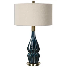 Elegant Dark Blue Teal Ceramic Table Lamp | Sculpted Transitional